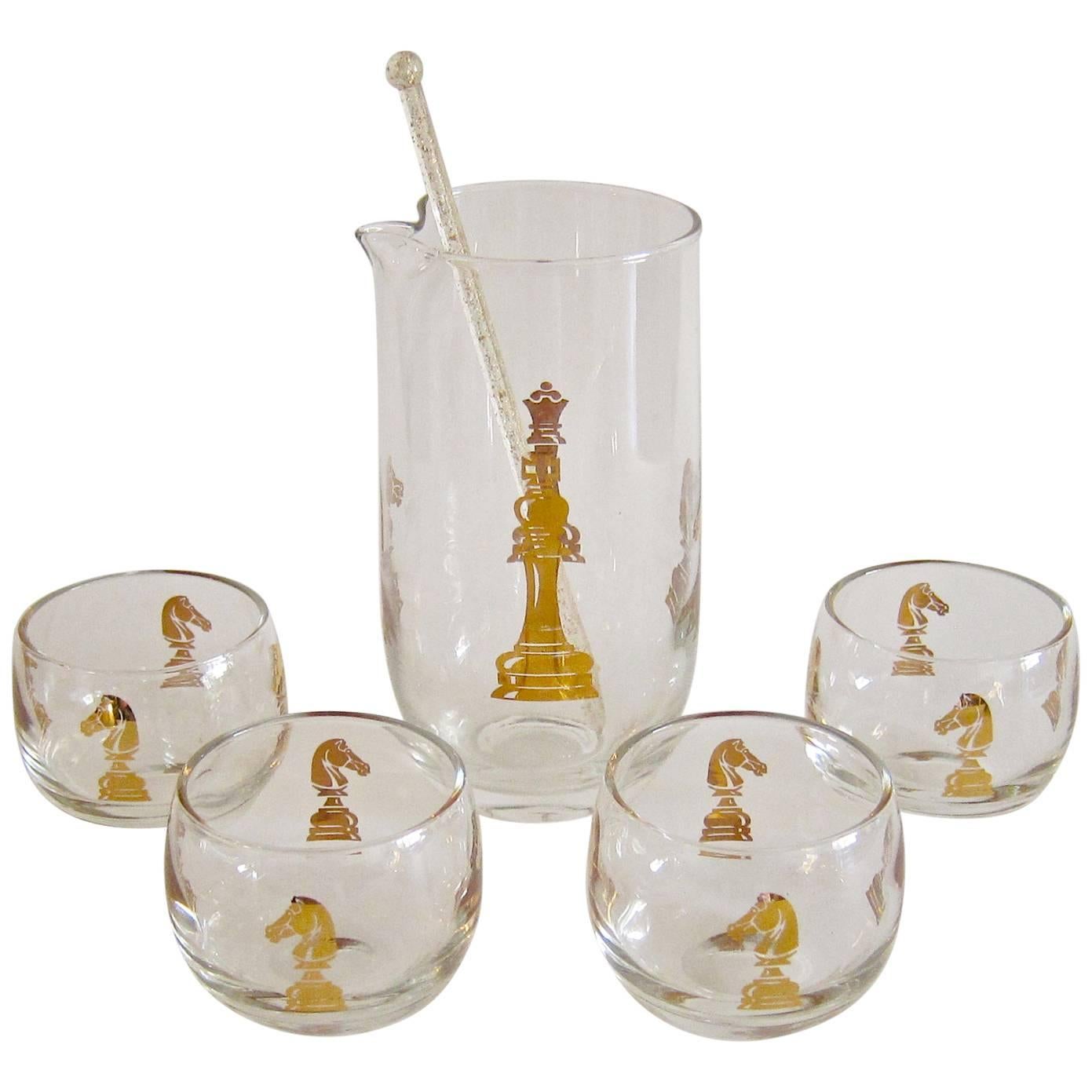 Mid-Century Hickok Checkmate Glass Martini Cocktail Set