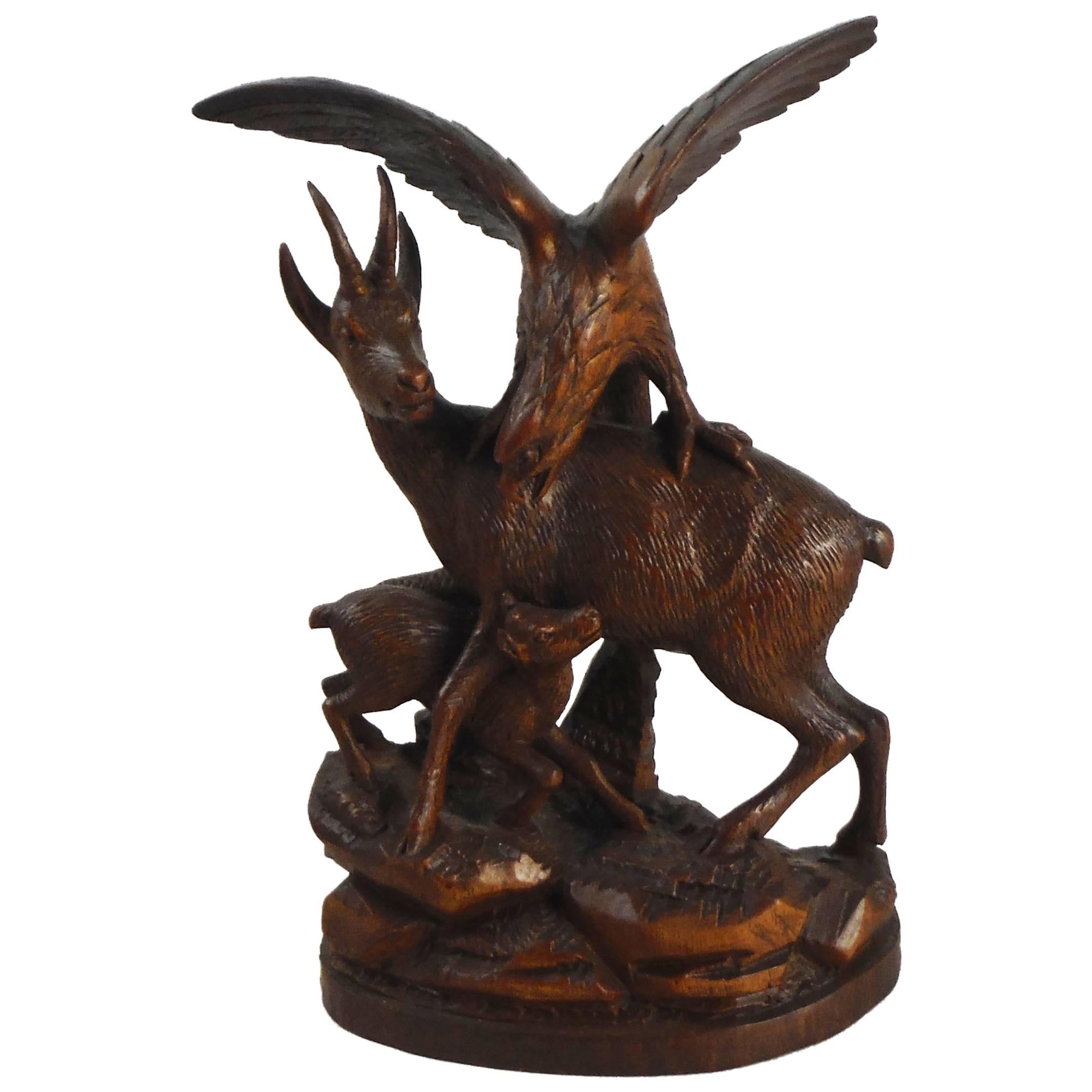19th Carved Wood Black Forest Chamois & Eagle For Sale