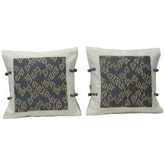 Japanese Vintage Blue and Gold Woven Silk Double-Sided Decorative Pillow, Pair