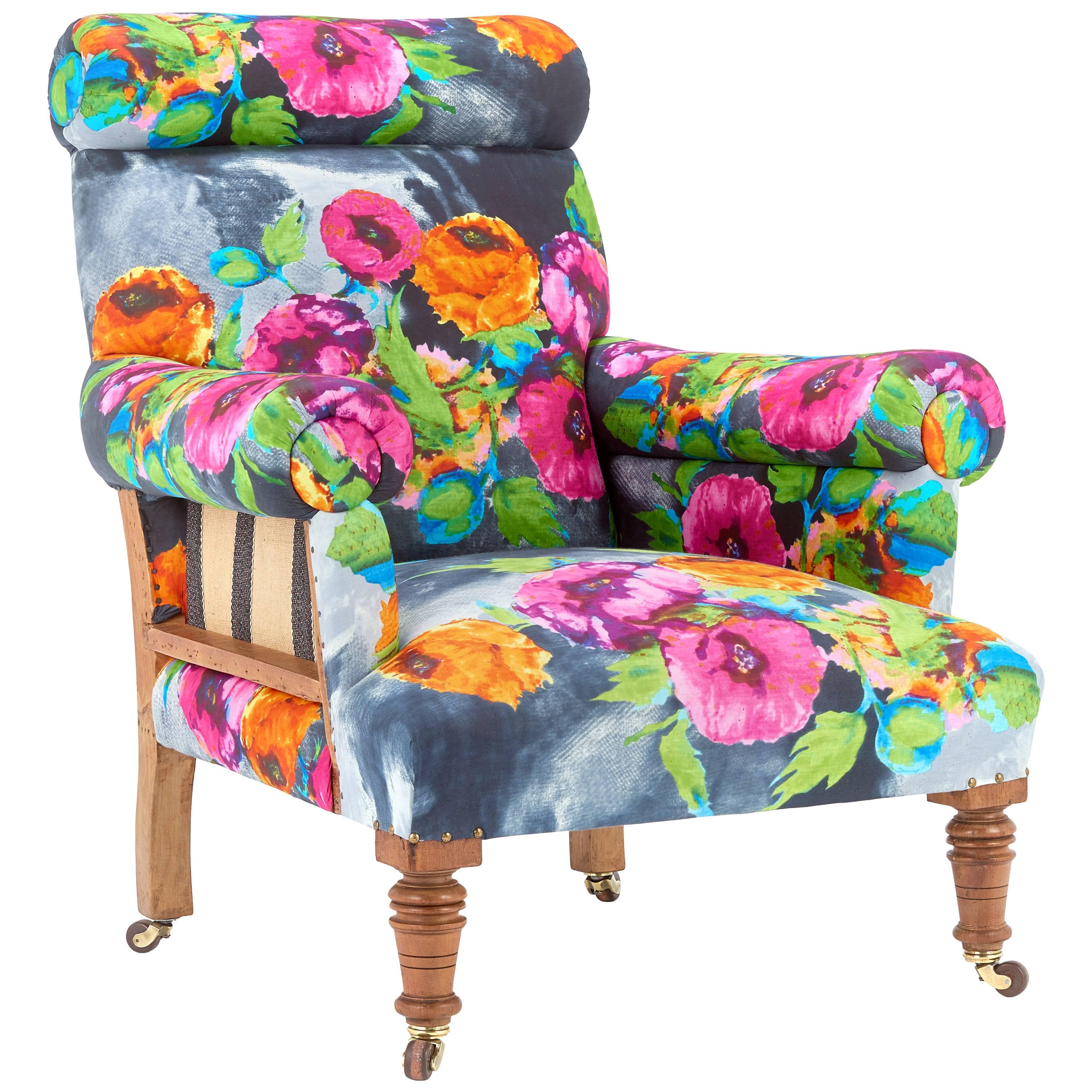 Delightful Antique Deconstructed Country House Armchair in a Hand Blocked Print For Sale