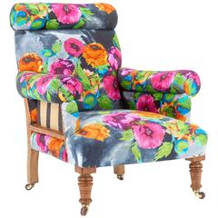 Delightful Antique Deconstructed Country House Armchair in a Hand Blocked Print