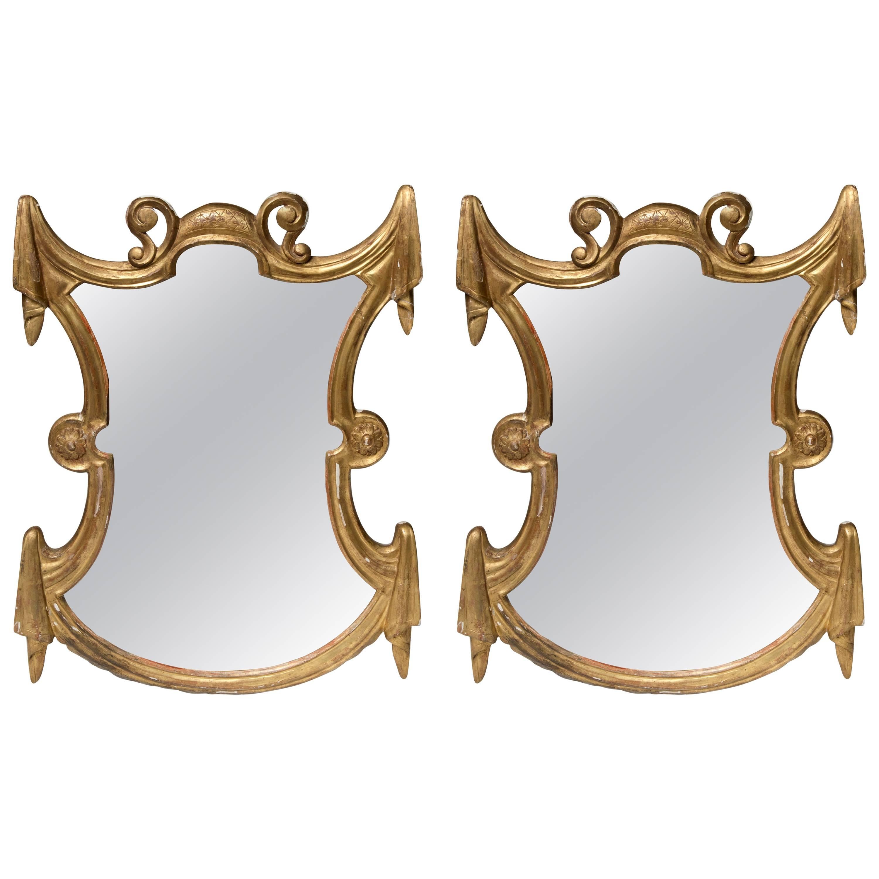 Pair of Unusual Shaped Gilt Italian Mirrors