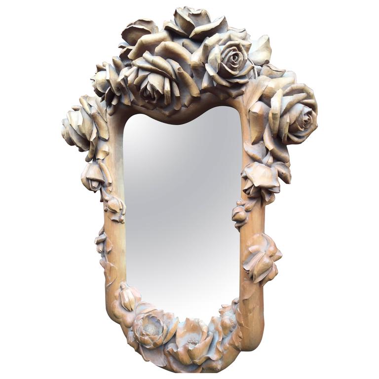 Masterly Carved Wood Art Wall Mirror Frame with Roses Blooming Flowers