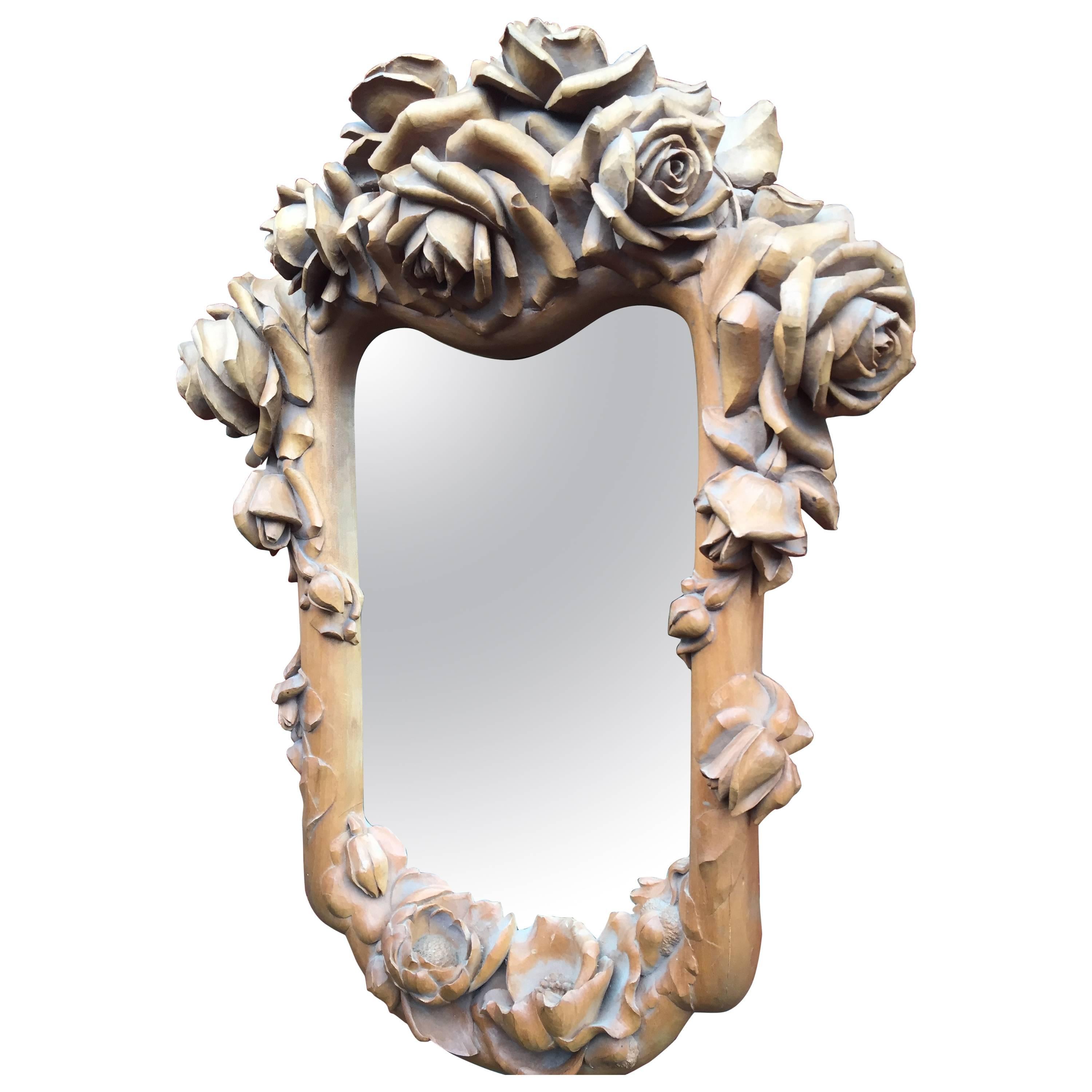 Masterly Carved Wood Art Wall Mirror Frame with Roses Blooming Flowers Design