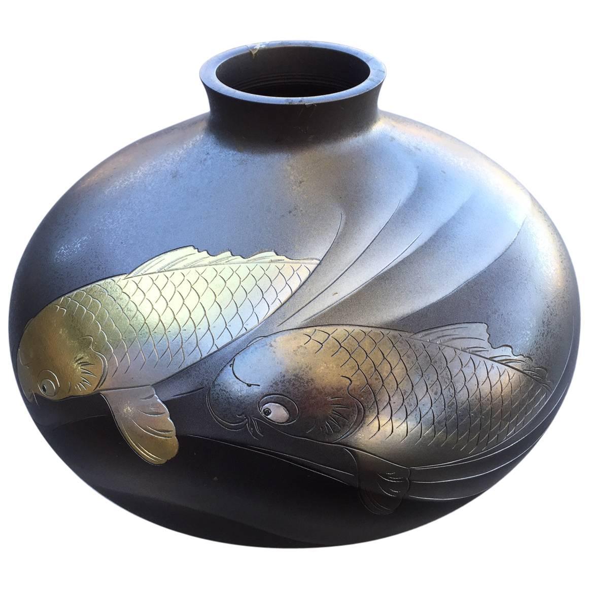 Fine Signed Japanese Bronze "Double Koi" Silver and Gold Fish Vase For