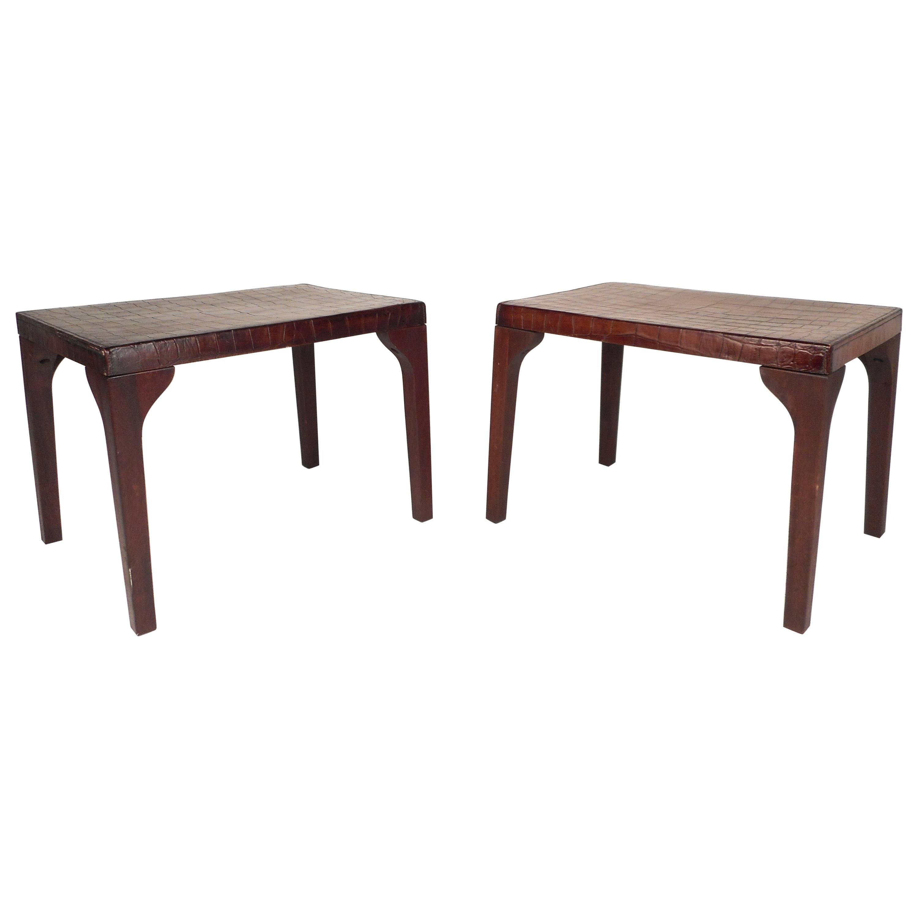 Mid-Century Modern Alligator Embossed Leather Top End Tables