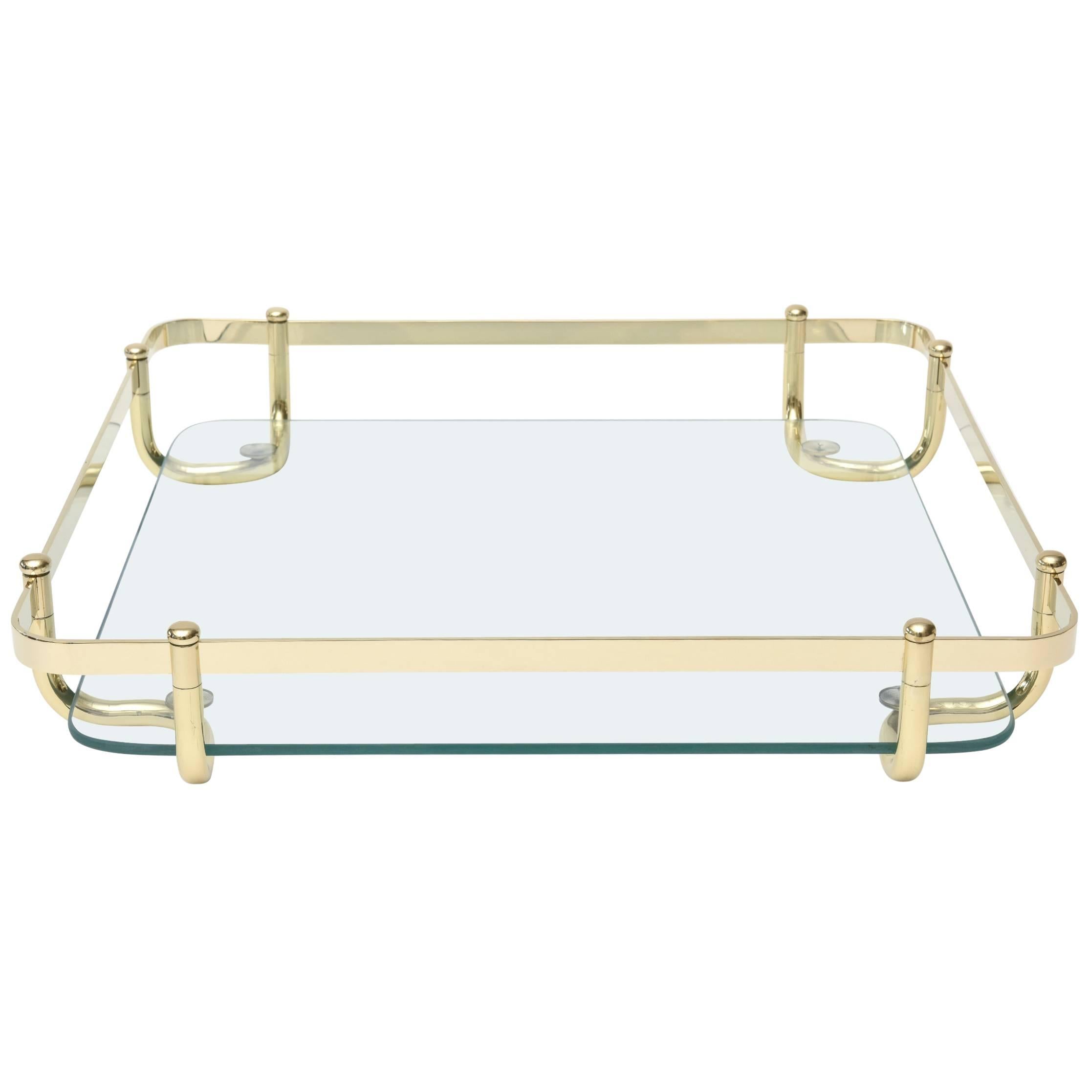 Solid Polished Brass and Glass Vintage Mid-Century Large Serving Tray/ Barware