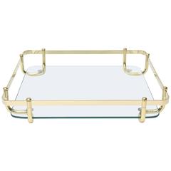 Solid Polished Brass and Glass Vintage Mid-Century Large Serving Tray/ Barware