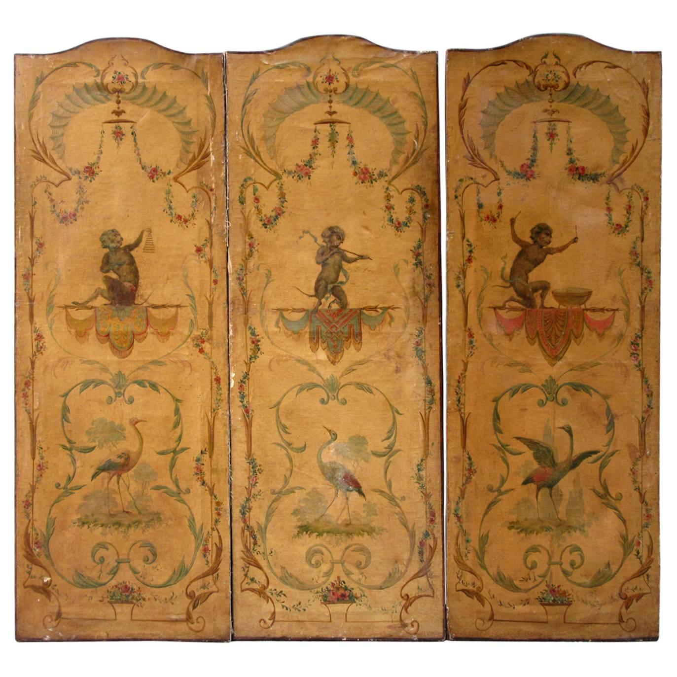 19th Century Italian Hand-Painted Folding Screen with Musical Monkeys