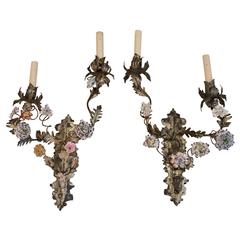 Beautiful Large Pair of French 19th Century Sconces with Porcelain Flowers