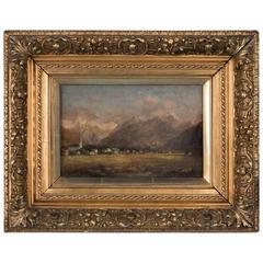 Antique 19th Century Landscape Oil Painting of a European Village and Mountains