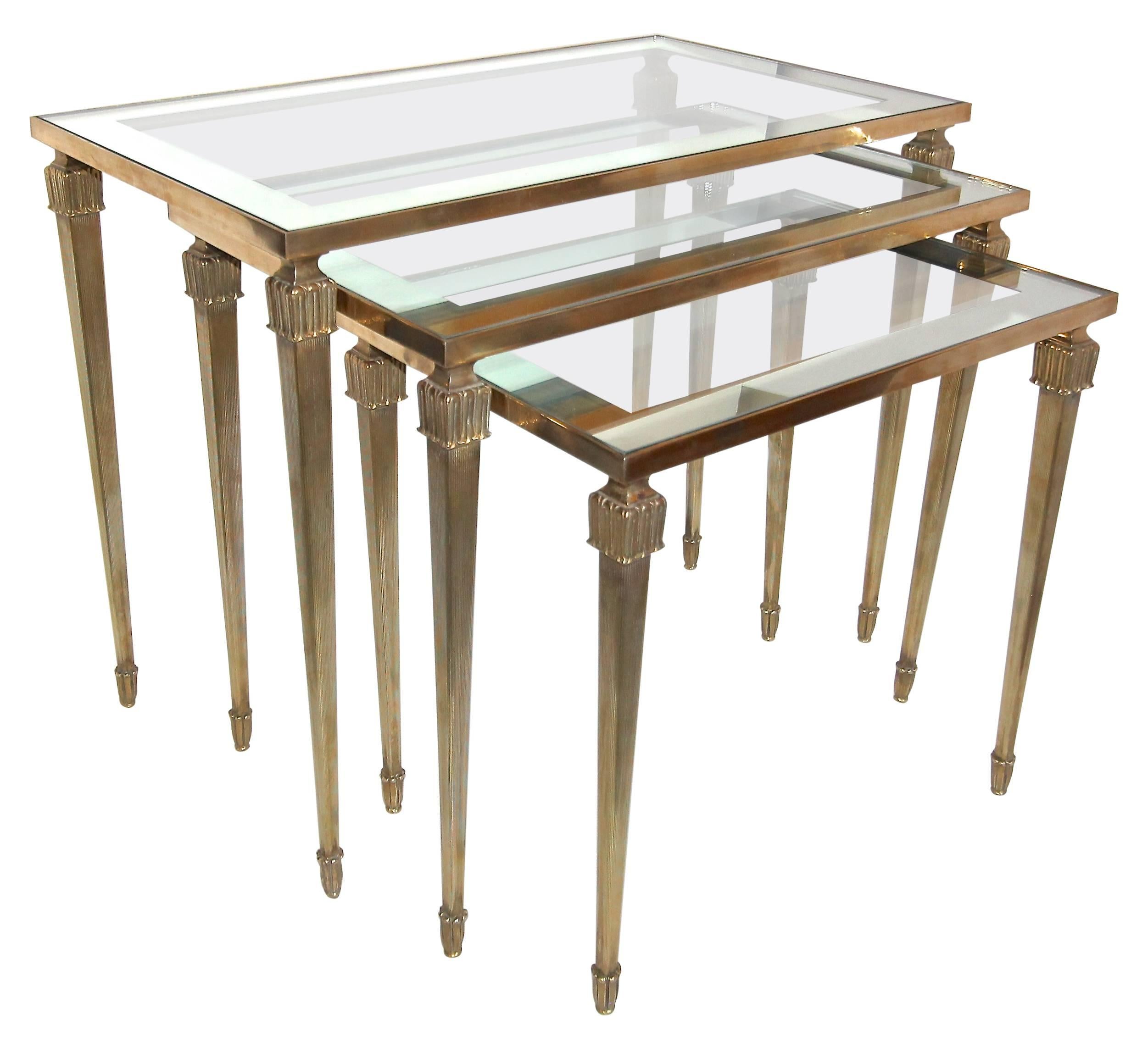 Trio of Maison Jansen French Brass Nesting Tables For Sale