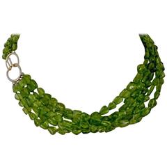 Five Strand Peridot Beaded Necklace with 14-Karat Gold Clasp