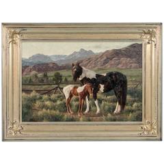 Greg Beecham Original Oil Painting, Western Landscape with Pinto Horses