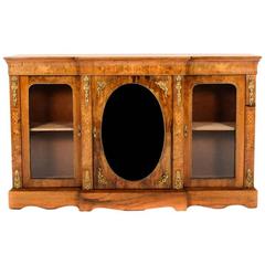 Antique English Victorian Burl Walnut Inlaid Breakfront Bookcase