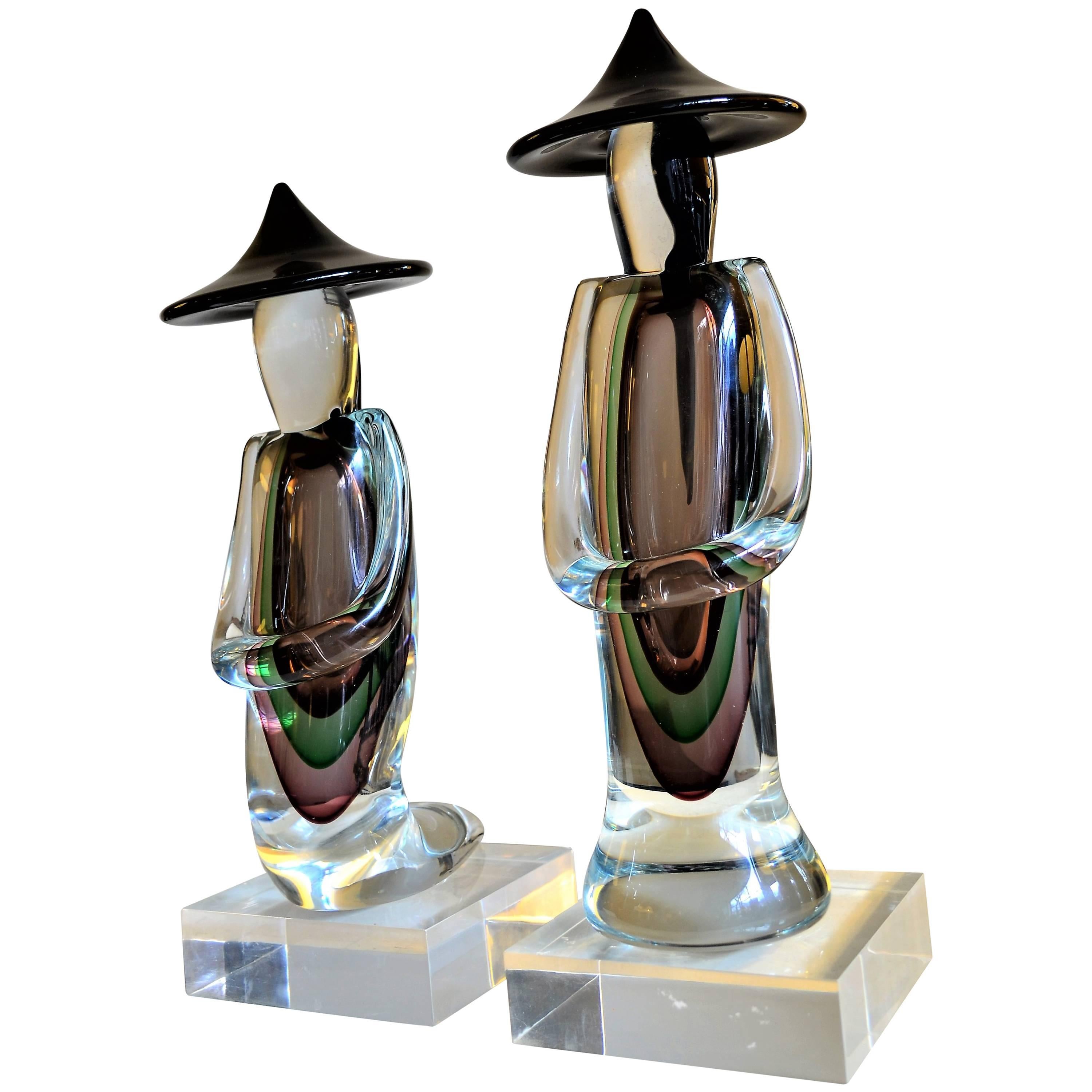 Pair of Murano Sommerso Chinese Men Glass Figurines by Luigi Onesto