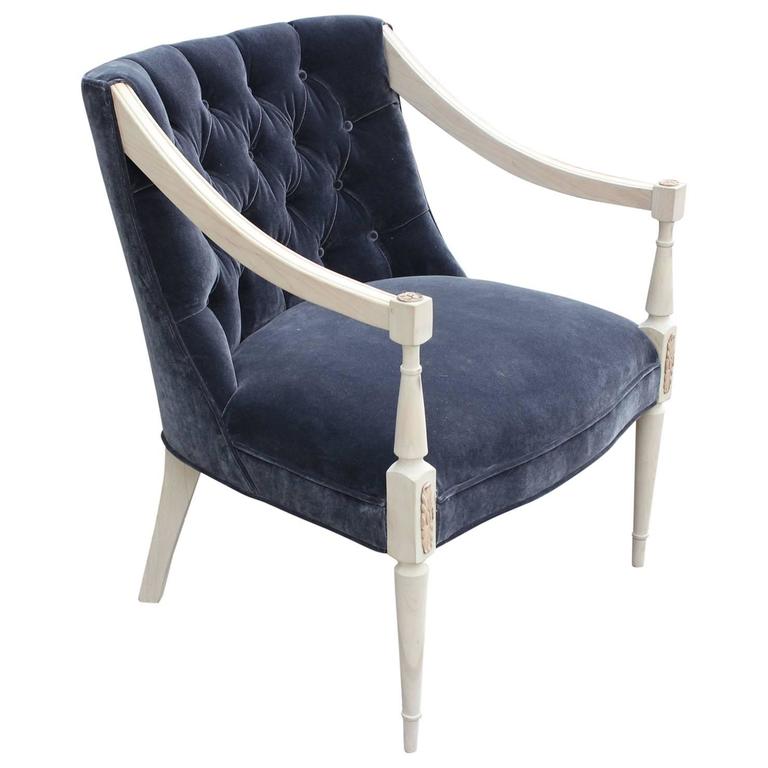 Modern Bleached Wood and Tufted Grey Velvet French Lounge Chair For