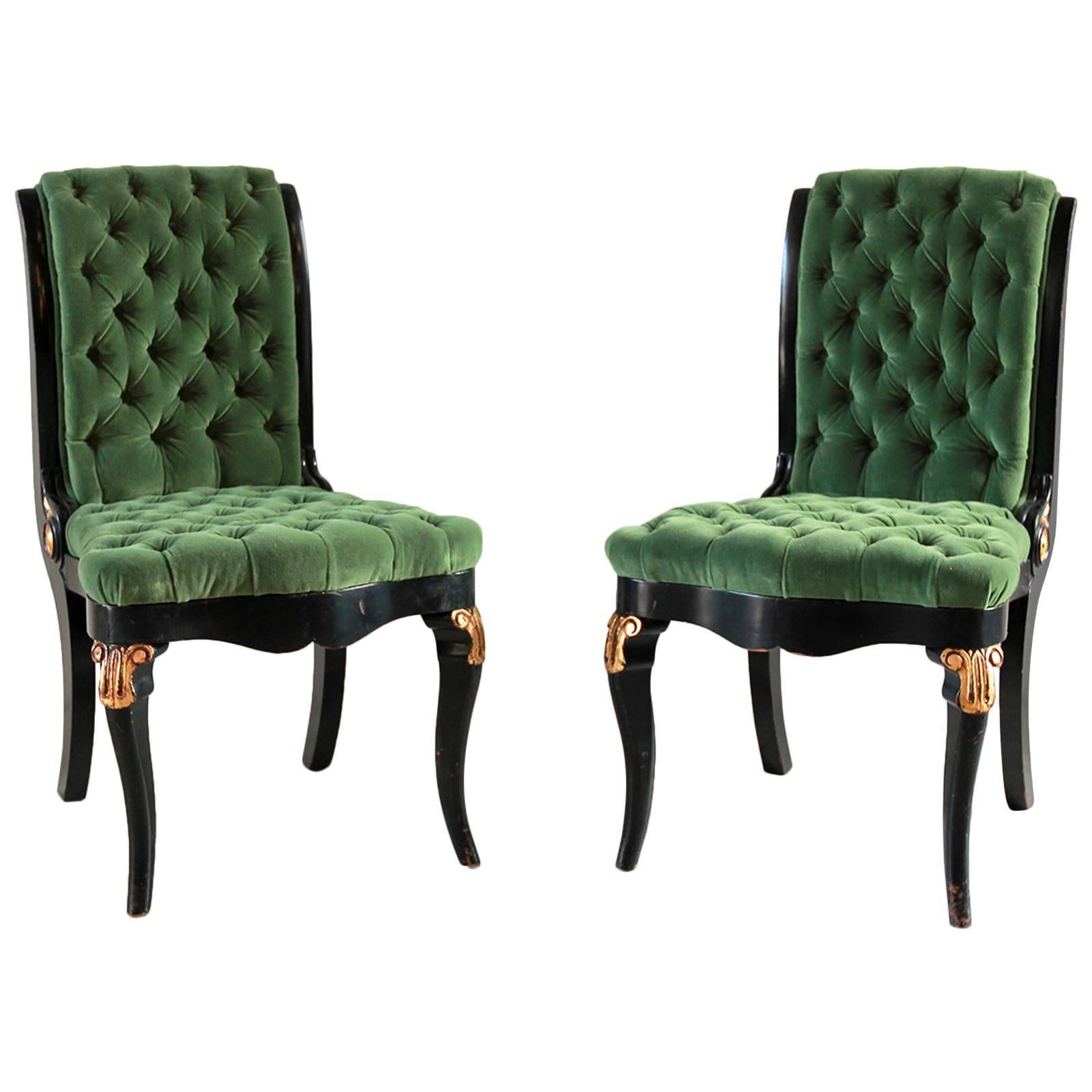 Black and Gold Painted Regency Chair Upholstered in Green Velvet