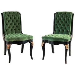 Antique Black and Gold Painted Regency Chair Upholstered in Green Velvet