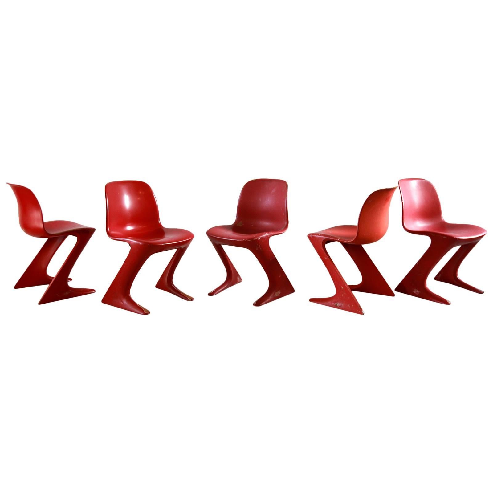 Set of Five Franz Moeckl Style Painted Red Kangaroo Style Dining Chairs