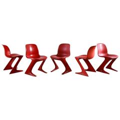 Set of Five Franz Moeckl Style Painted Red Kangaroo Style Dining Chairs 4