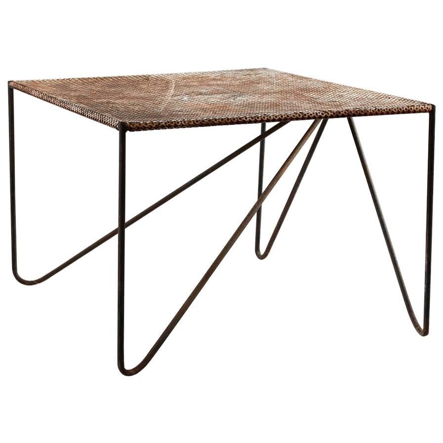 Rustic Perforated Metal Side Table with Angled Legs