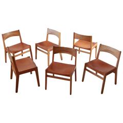 Set of Six Oak and Leather Dining Chairs