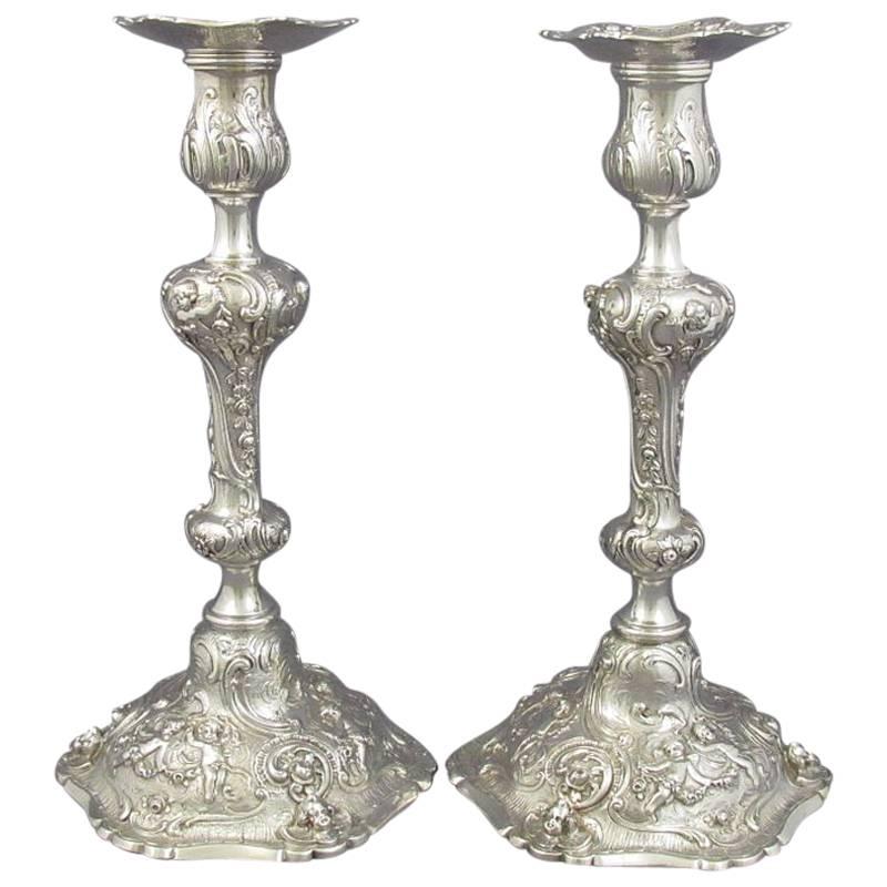 Pair of Rococo Silver Candlesticks For Sale