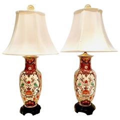 Pair of Hand-Painted Porcelain Imari Vase Table Lamps