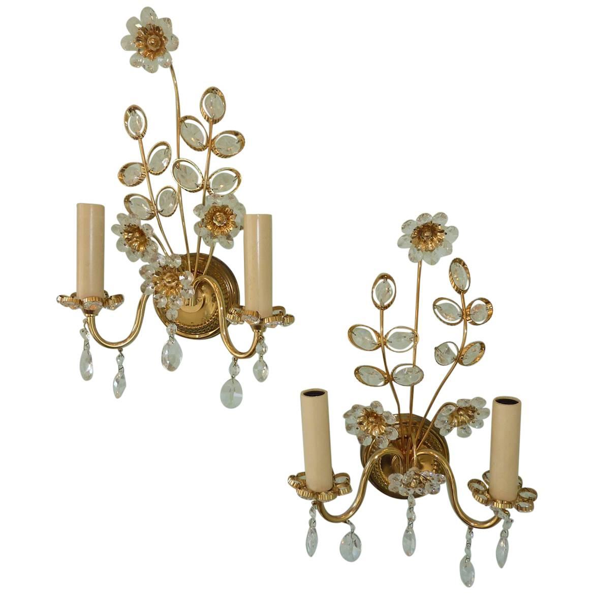 Pair of Vintage Gold-Plated "Palwa" Crystal Flower Sconces