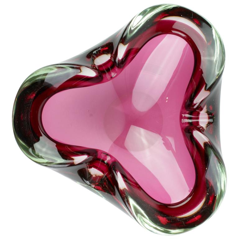 Pink Biomorphic Triangular Murano Glass Bowl or Ashtray Attributed to