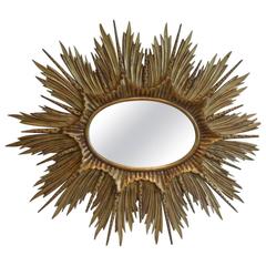 Antique Hollywood-Regency Style 1920s, French Gold-Leaf Oval Sun-Burst Wall Mirror