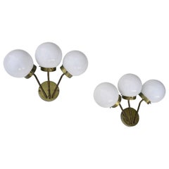 Pair of Wall Lamps in Brass with Opaline Glass Balls, attributed to Stilnovo