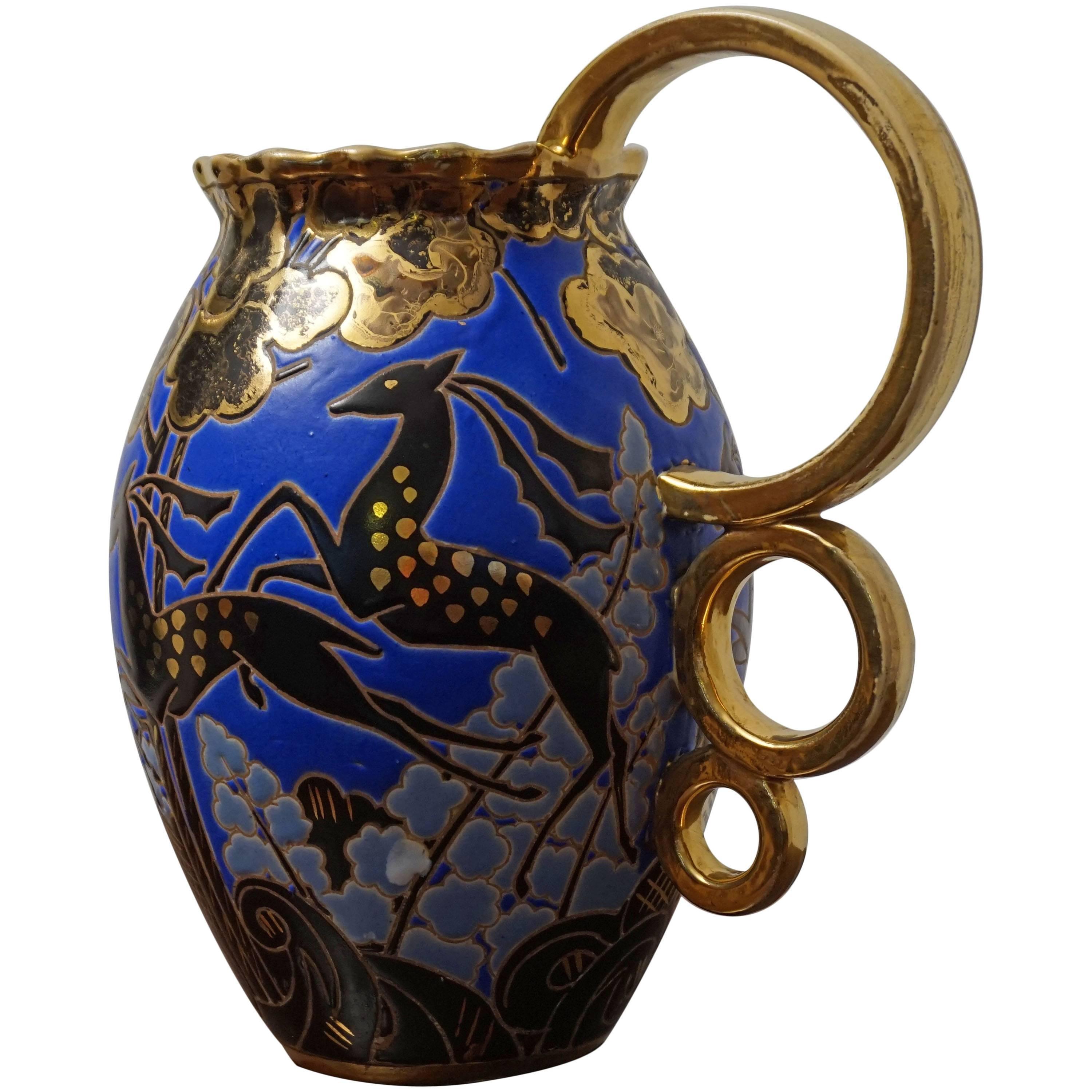 Raymond Chevalier Art Deco Boch Freres Vase / Jug Rare Antelope and Gilt Pattern