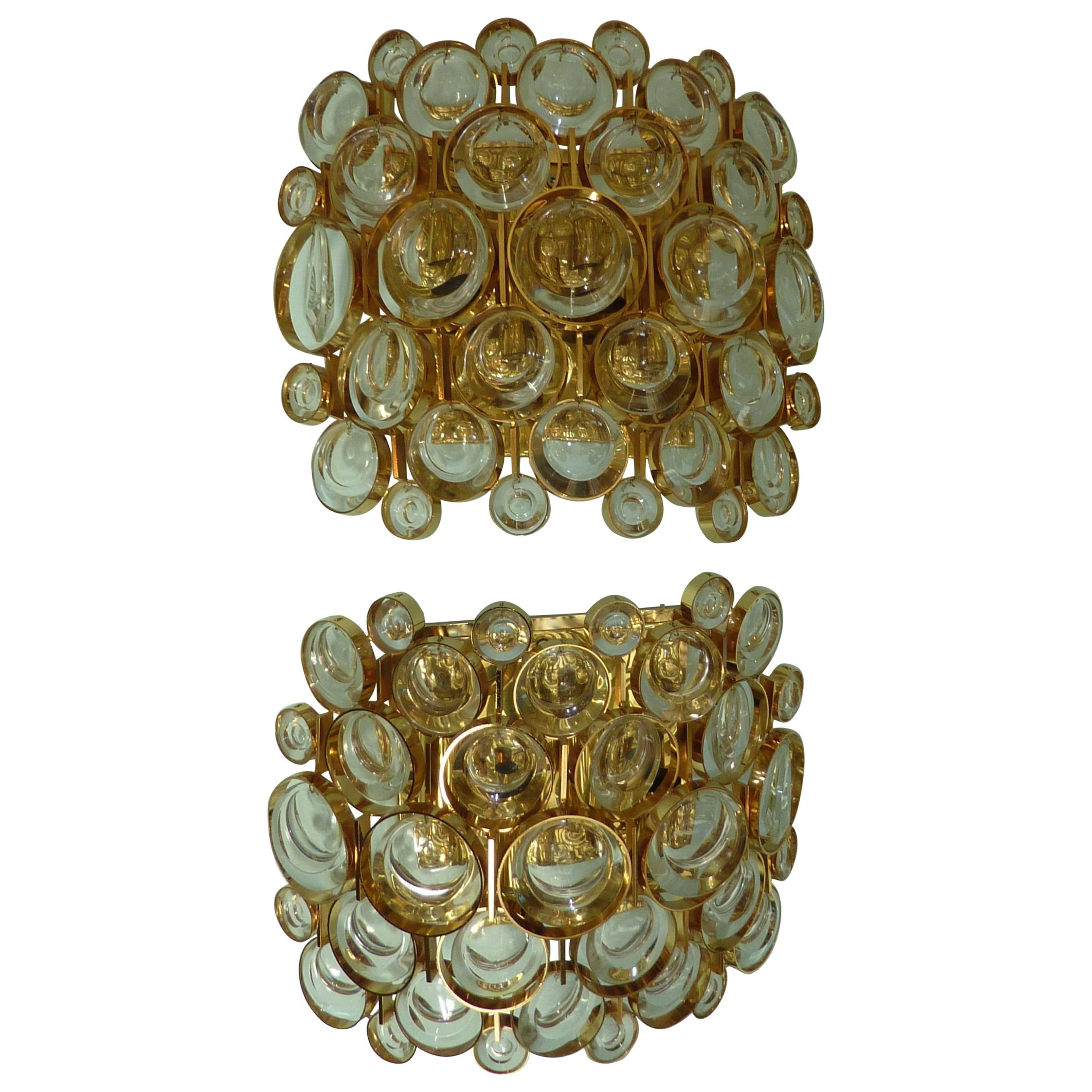 Lovely Large Pair of Gilded Brass and Crystal Sconces by Palwa For Sale