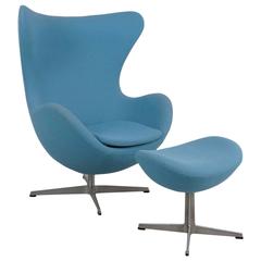 Blue Arne Jacobsen Egg Chair and Ottoman by Fritz Hansen