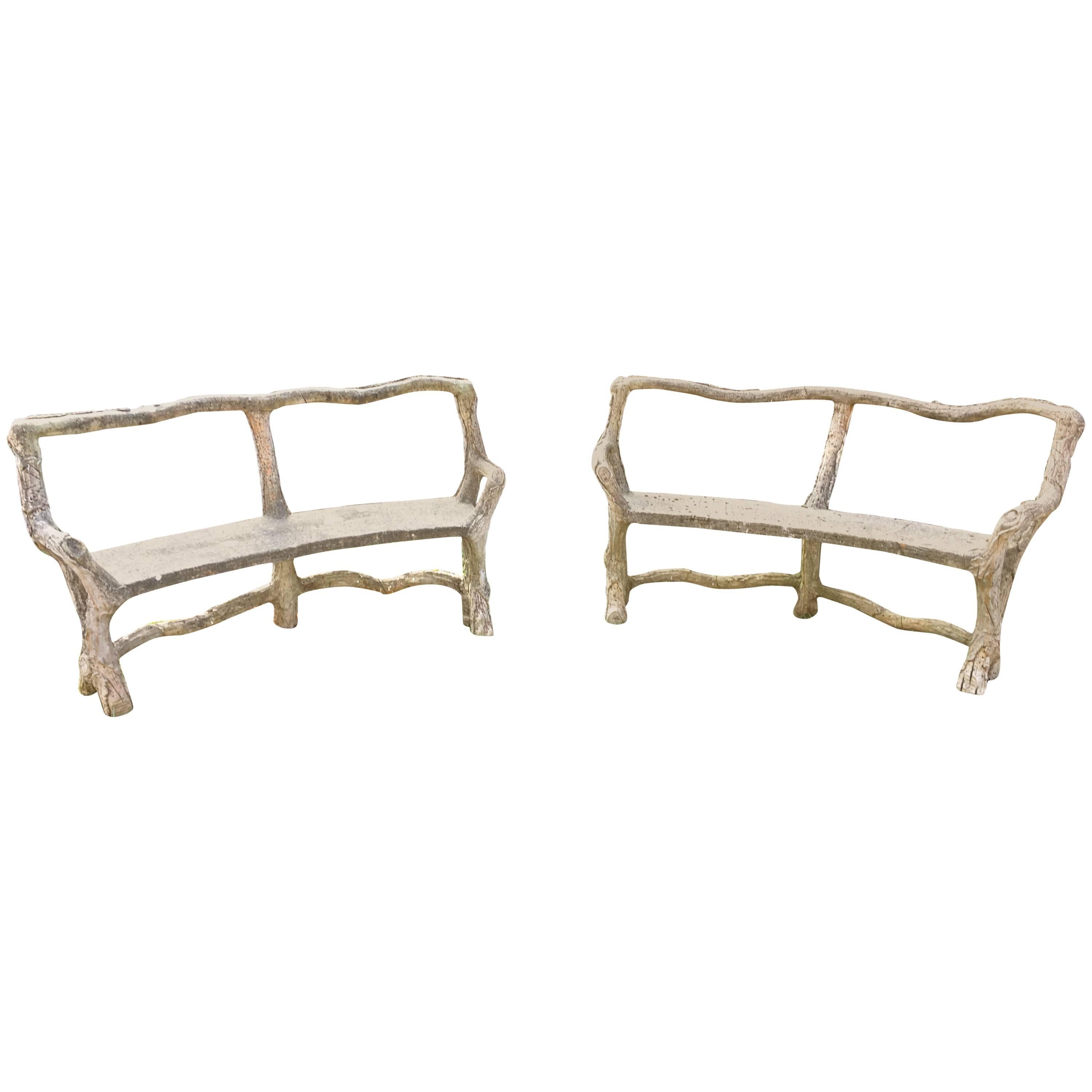 Pair of Stunning Curved French Faux Bois Benches