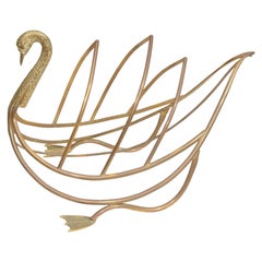 Brass Magazine Stand, Swan, C 1950, Polished Brass, for Books & Magazines, Italy