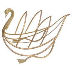 Brass Swan Magazine Stand, Italy, Polished Brass, For Books & Magazines, C 1950