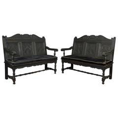 Pair of Carved Ebonized Hall Benches 3