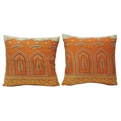 Pair of Orange Indian "Kantha" Quilted Pillows 8