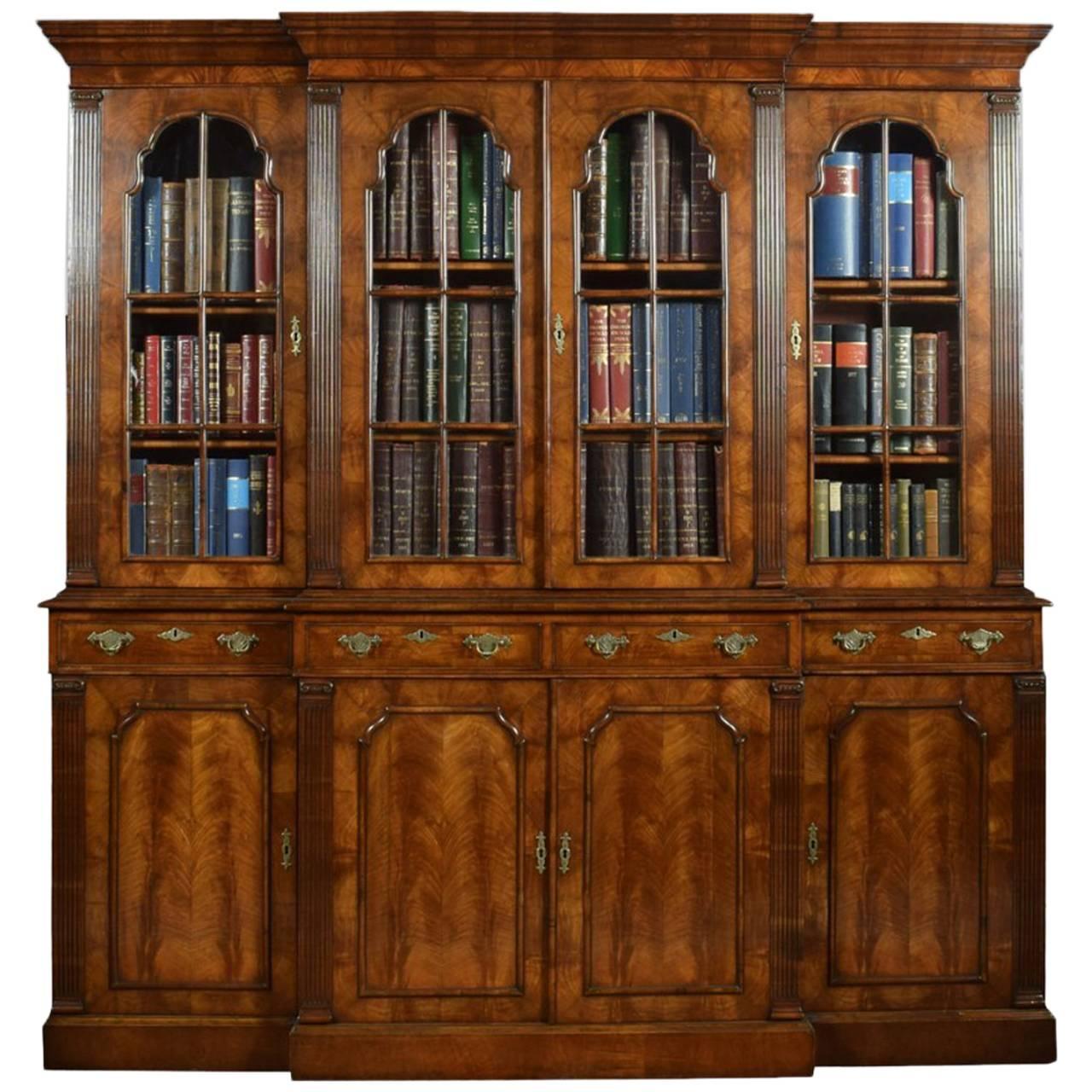Queen Anne Revival Walnut Four Door Breakfront Bookcase For Queen Anne Revival Walnut Four Door Breakfront Bookcase For At 1stdibs