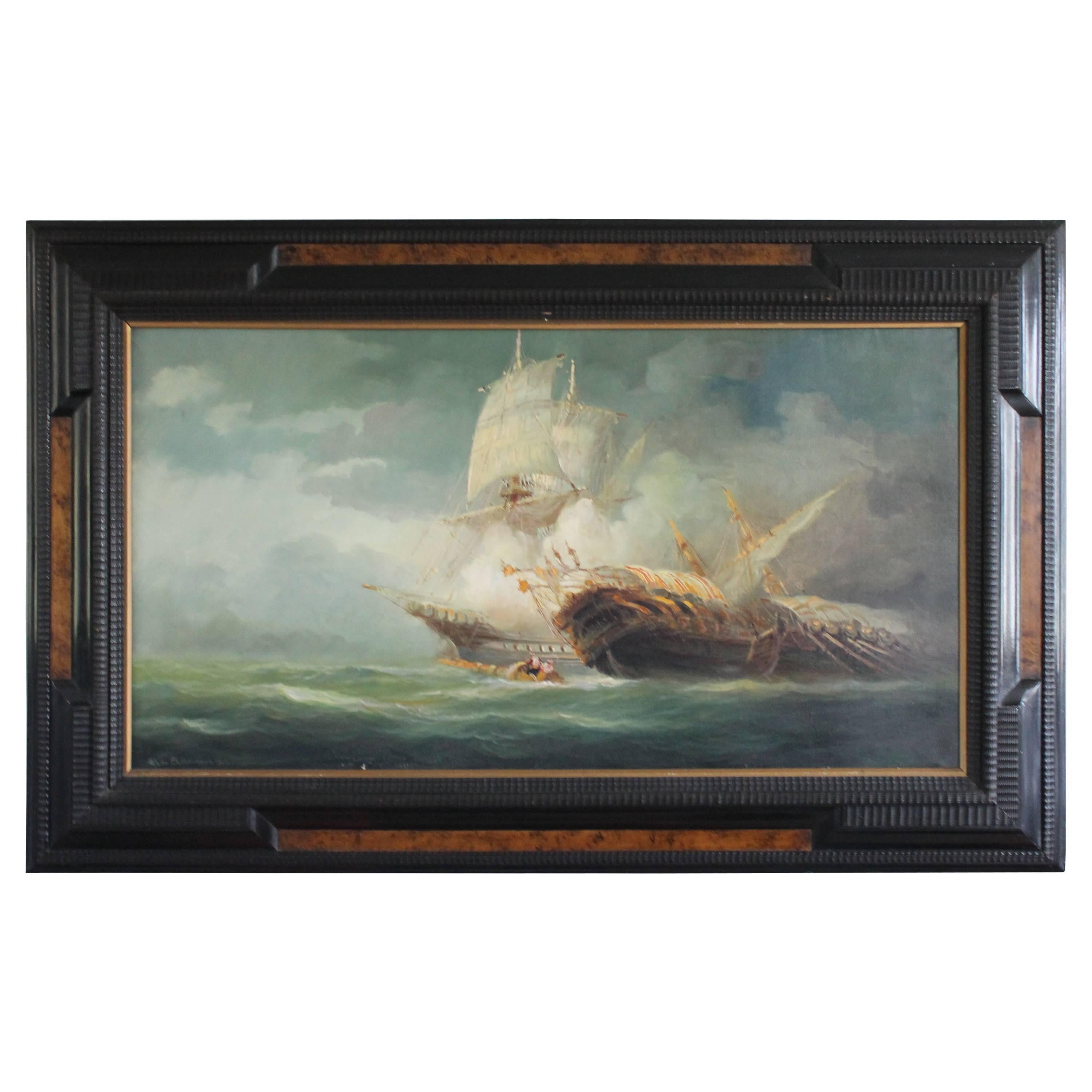 Naval Ship Combat Painting Framed Rudolf Claudus 1922  For Sale