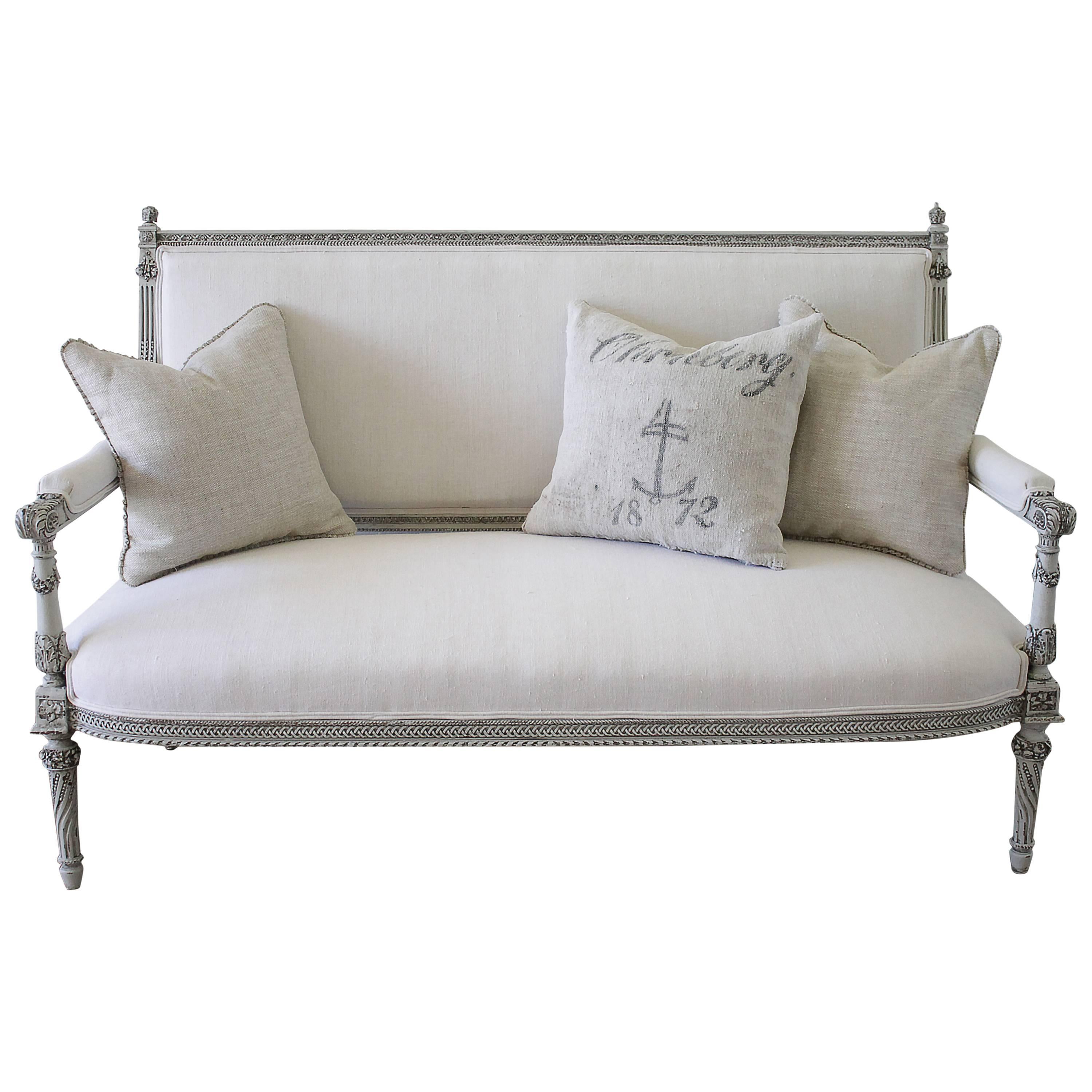 19th Century Painted Rose Carved Louis XVI Style Settee in Belgian Linen