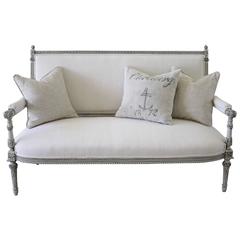 19th Century Painted Rose Carved Louis XVI Style Settee in Belgian Linen 1