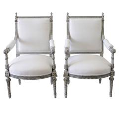 Pair of 19th Century Painted Rose Carved Louis XVI Style Chairs in Belgian Linen