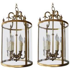 Pair of Unlacquered Brass Hanging Lanterns