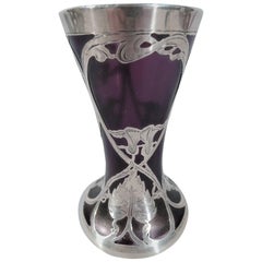 La Pierre Art Nouveau Purple Glass Vase with Silver Overlay