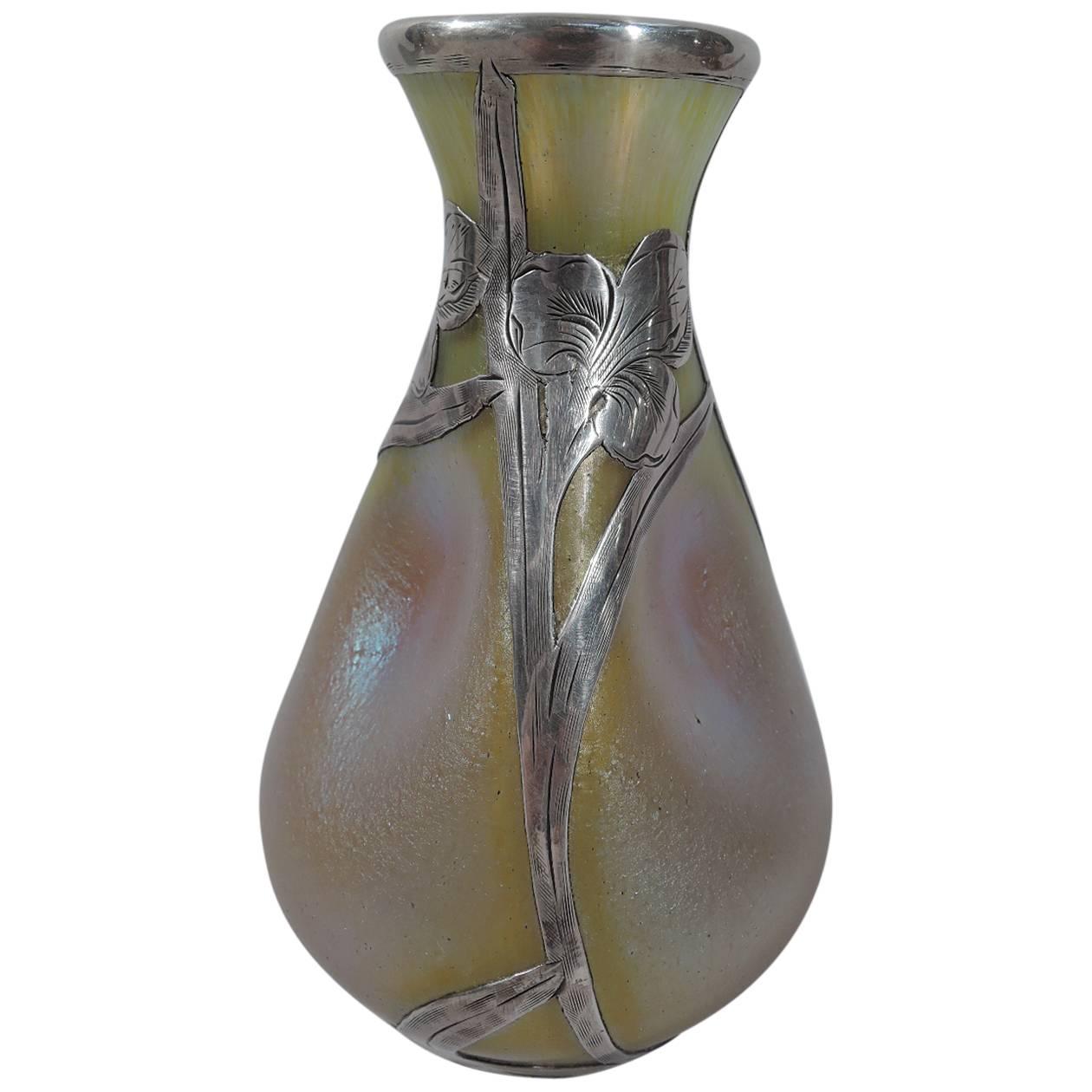 Alvin Art Nouveau Iridescent Gold Glass Vase with Silver Overlay