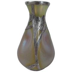 Alvin Art Nouveau Iridescent Gold Glass Vase with Silver Overlay 10